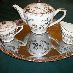 NEW Lefton Silver Wedding  3pc Tea Pot+sugar+Tray